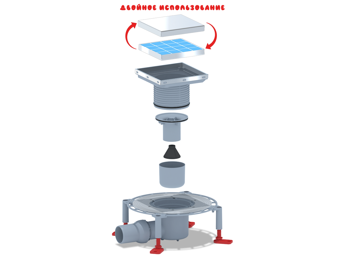 Трап для душа АНИ Пласт THZ5812 DN50 горизонтальный регулируемый с комбинированным затвором и решёткой из нержавеющей стали 150х150 мм под плитку