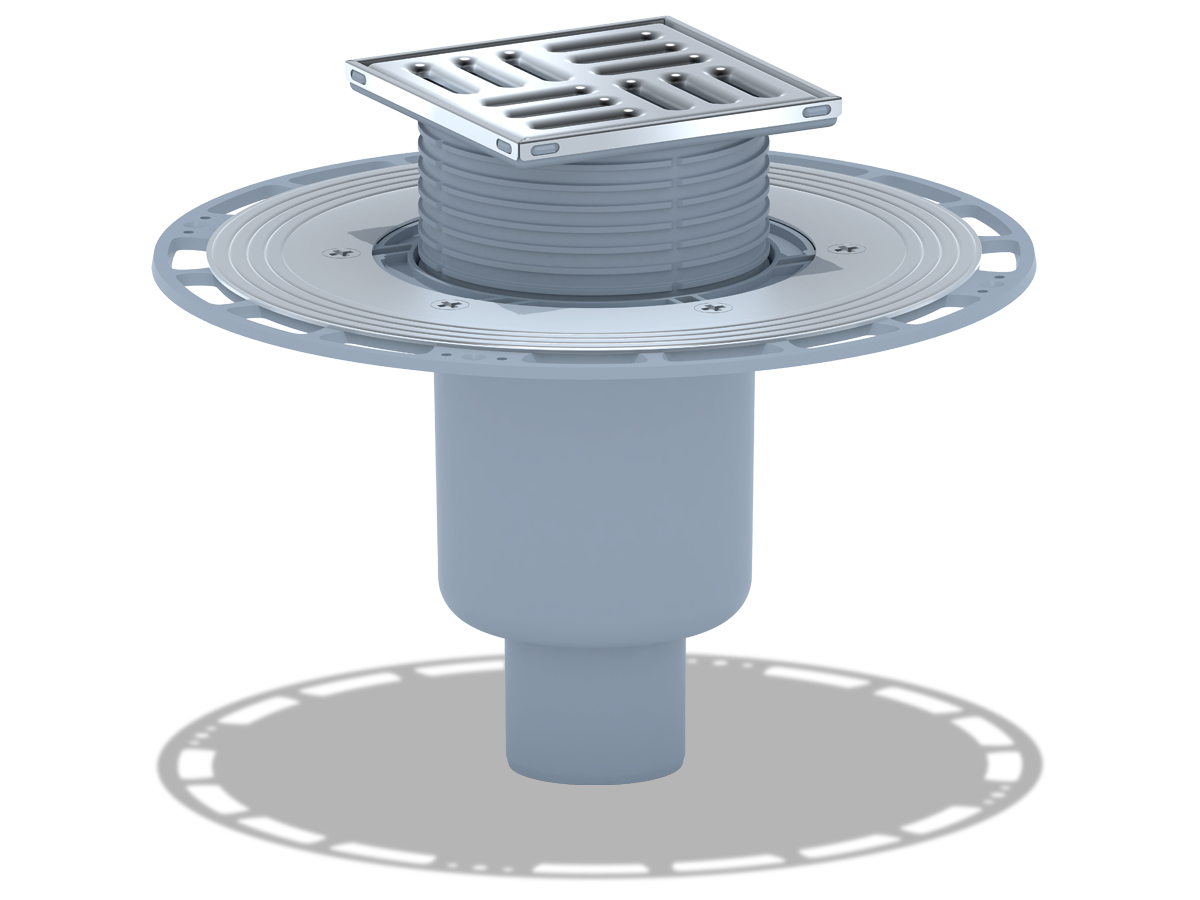 Трап для душа АНИ Пласт THQ5702 DN50 вертикальный регулируемый с сухим затвором и решёткой из нержавеющей стали 100х100 мм