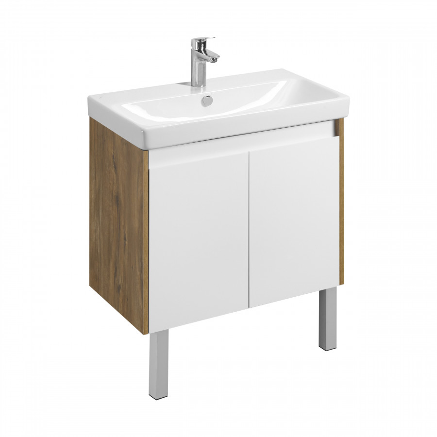 Тумба СКАНДИ DOORS 80, универс., 2 дв., белый глянец/дуб рустикальный (под раковину АДРИАНА 80)