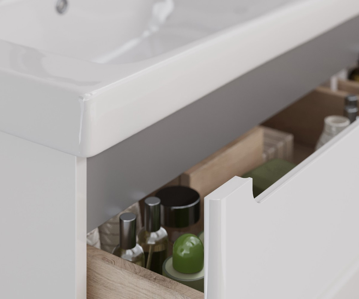 Тумба Lemark BUNO 125 см под 2 раковины, подвесная/напольная, 4 ящика, цвет планки: Серый, цвет корп