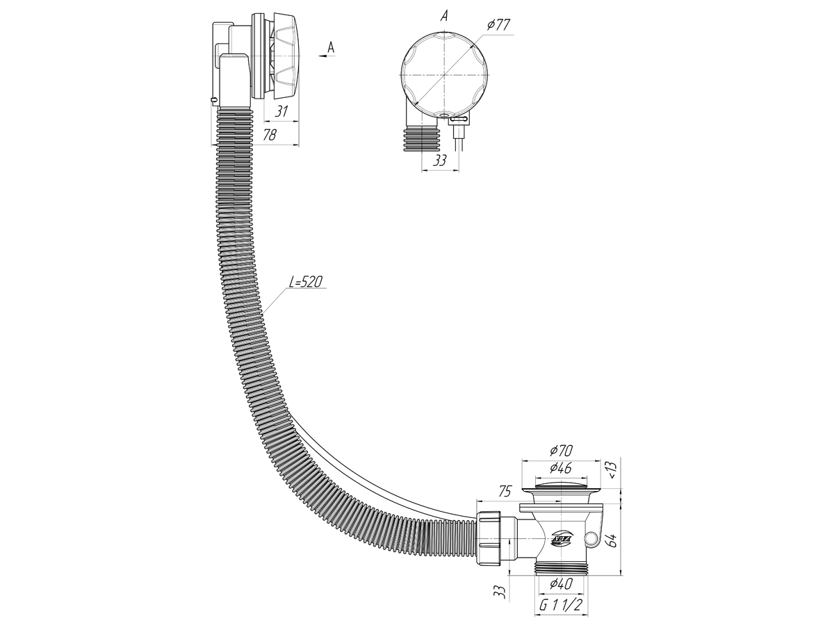 Перелив полуавтомат для ванны АНИ Пласт EM301 580 стальная ручка