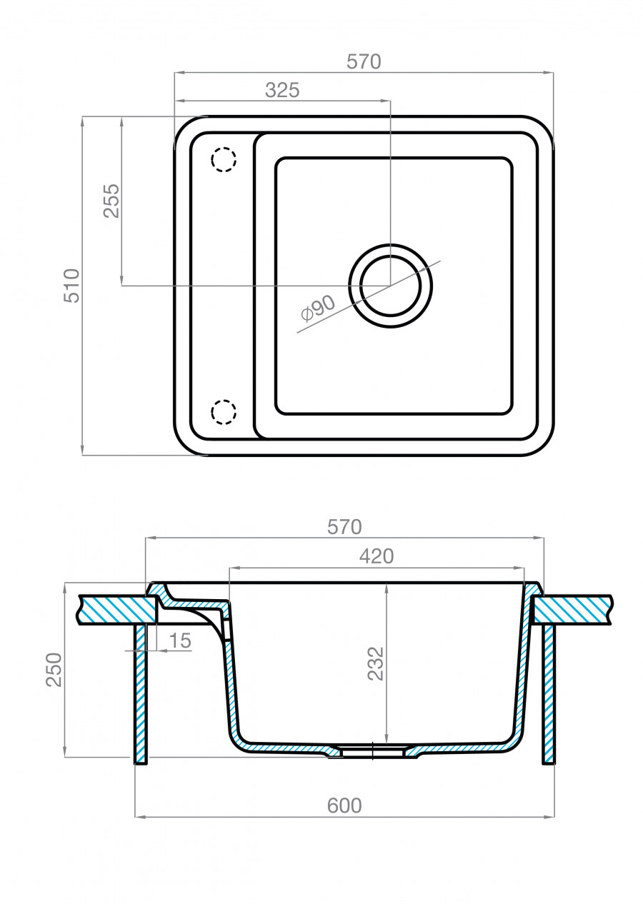 Мойка для кухни  Беллис 57 570x510x250 мм, прямоуг., шампань