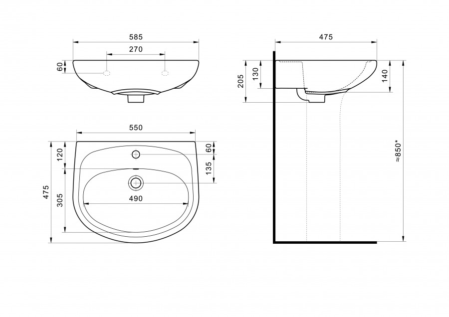 АНИМО Умывальник 60 см., хр.кольцо, крепление, САНТЕК