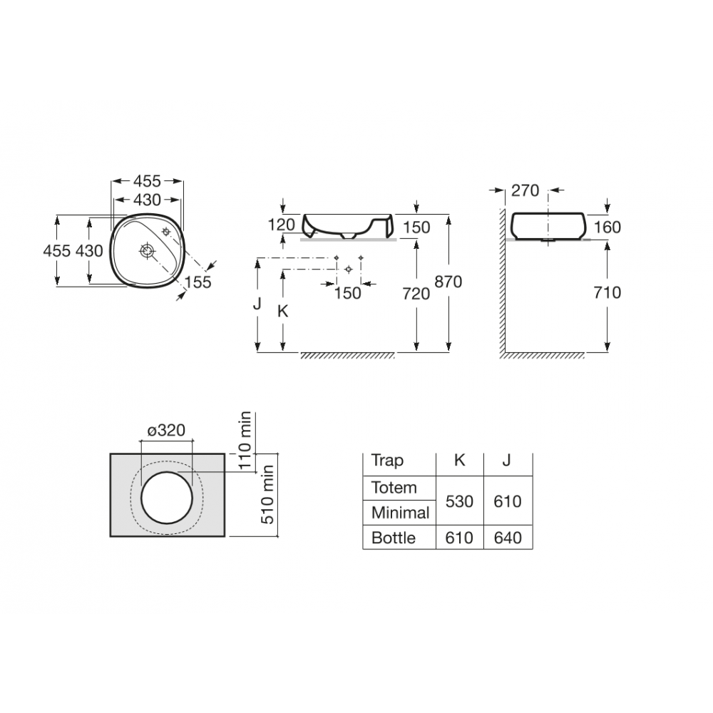 BEYOND раковина полувстраиваемая 430X430 MLGR, ROCA