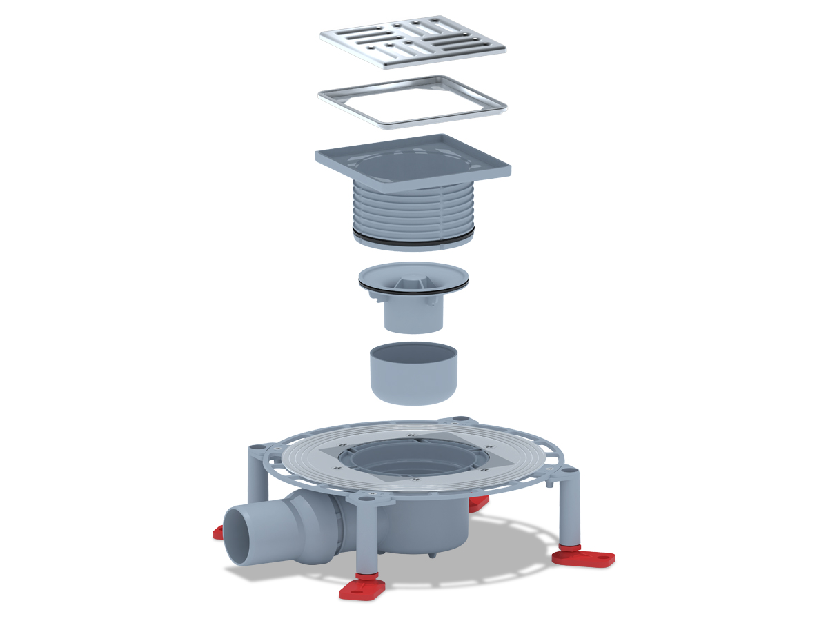 Трап горизонтальный регулируемый АНИ Пласт TVA5614M выпуск 50 мм с решеткой и обрешеткой из нержавеющей стали 120х120 мм