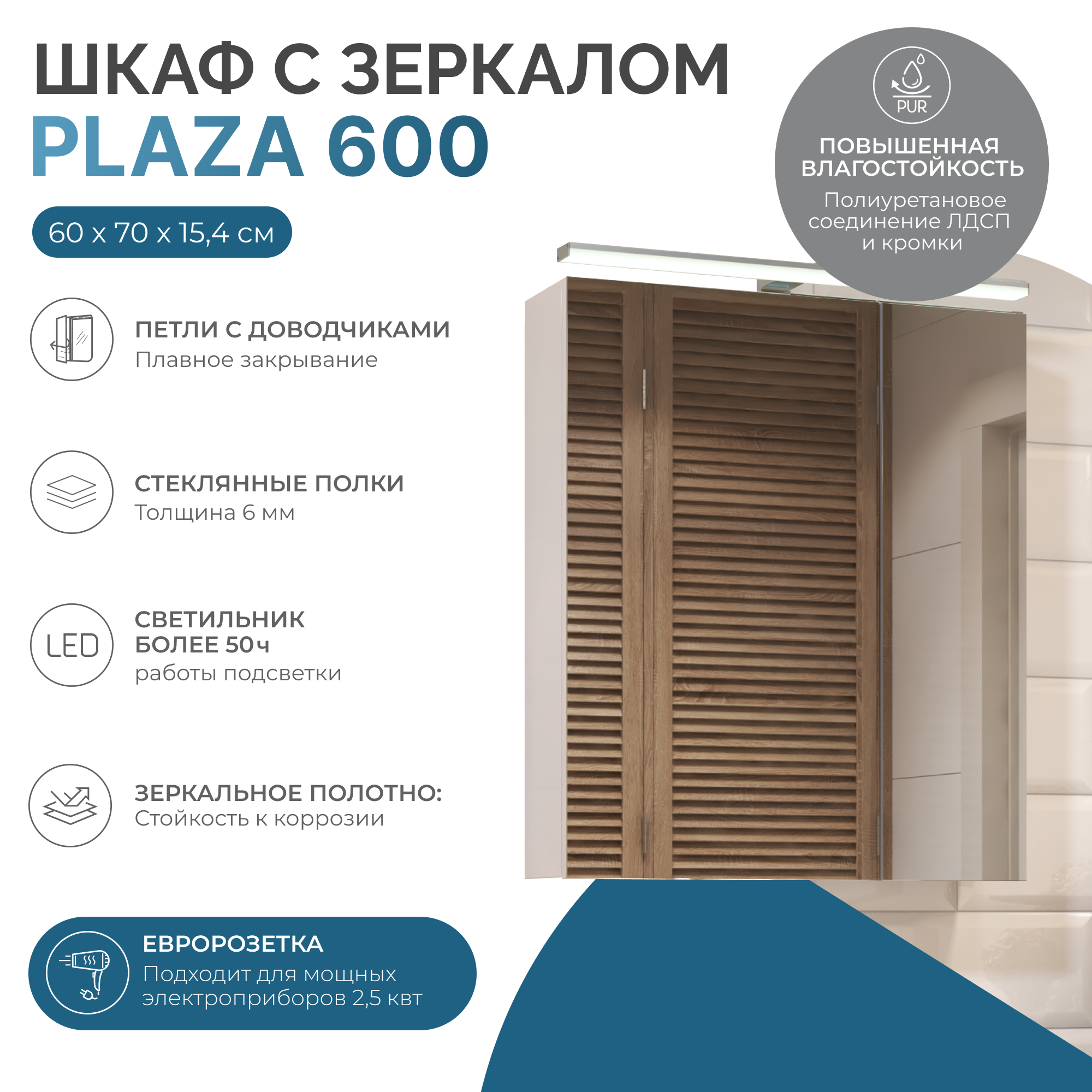 Зеркальный шкаф VIGO Plaza 60 подвесной белый (zsh.PLA.60.El)