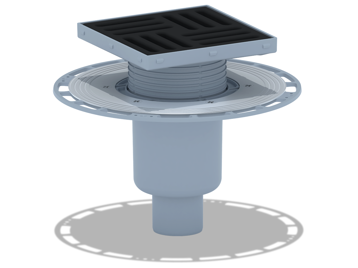 Трап вертикальный регулируемый АНИ Пласт THA5716 выпуск 50 мм с решеткой из чугуна 150х150 мм