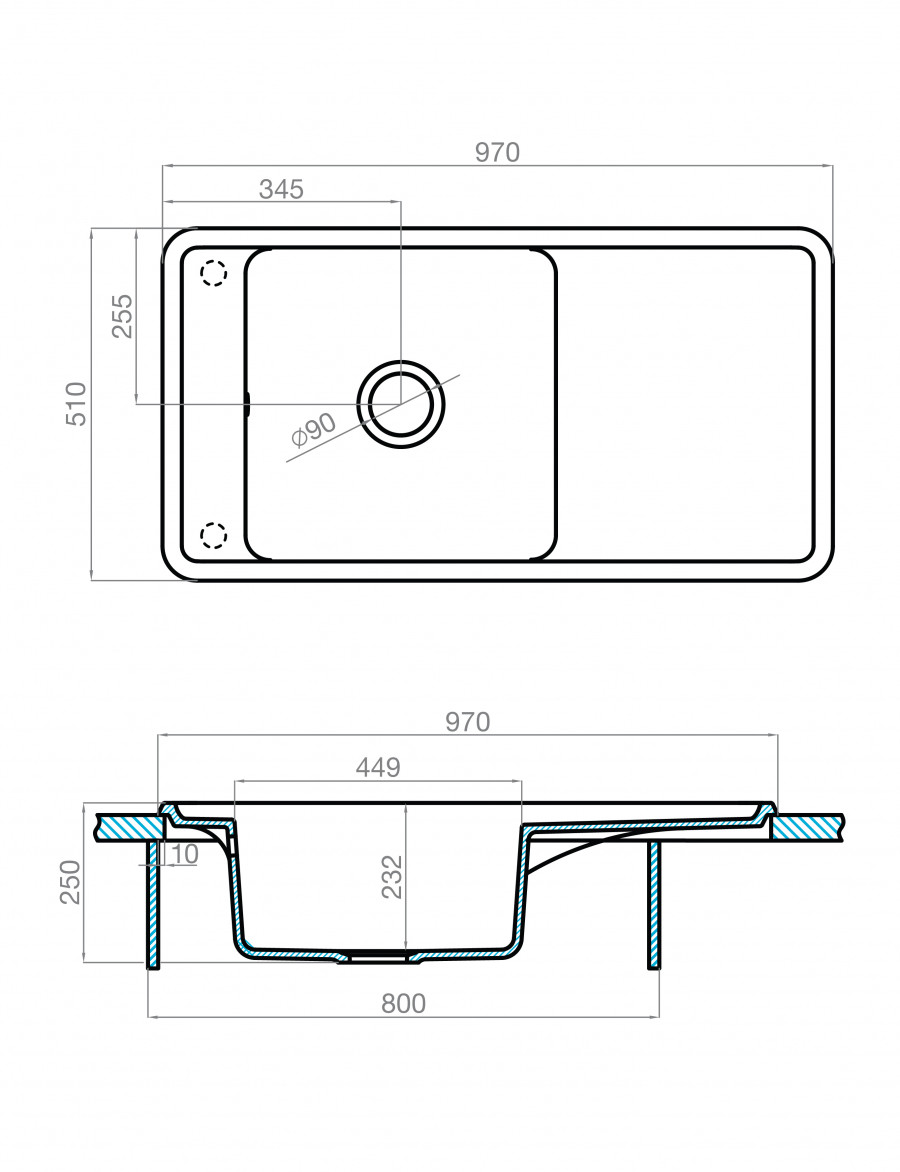 Мойка для кухни  Беллис 97 970x510x250 мм, прямоуг., графит