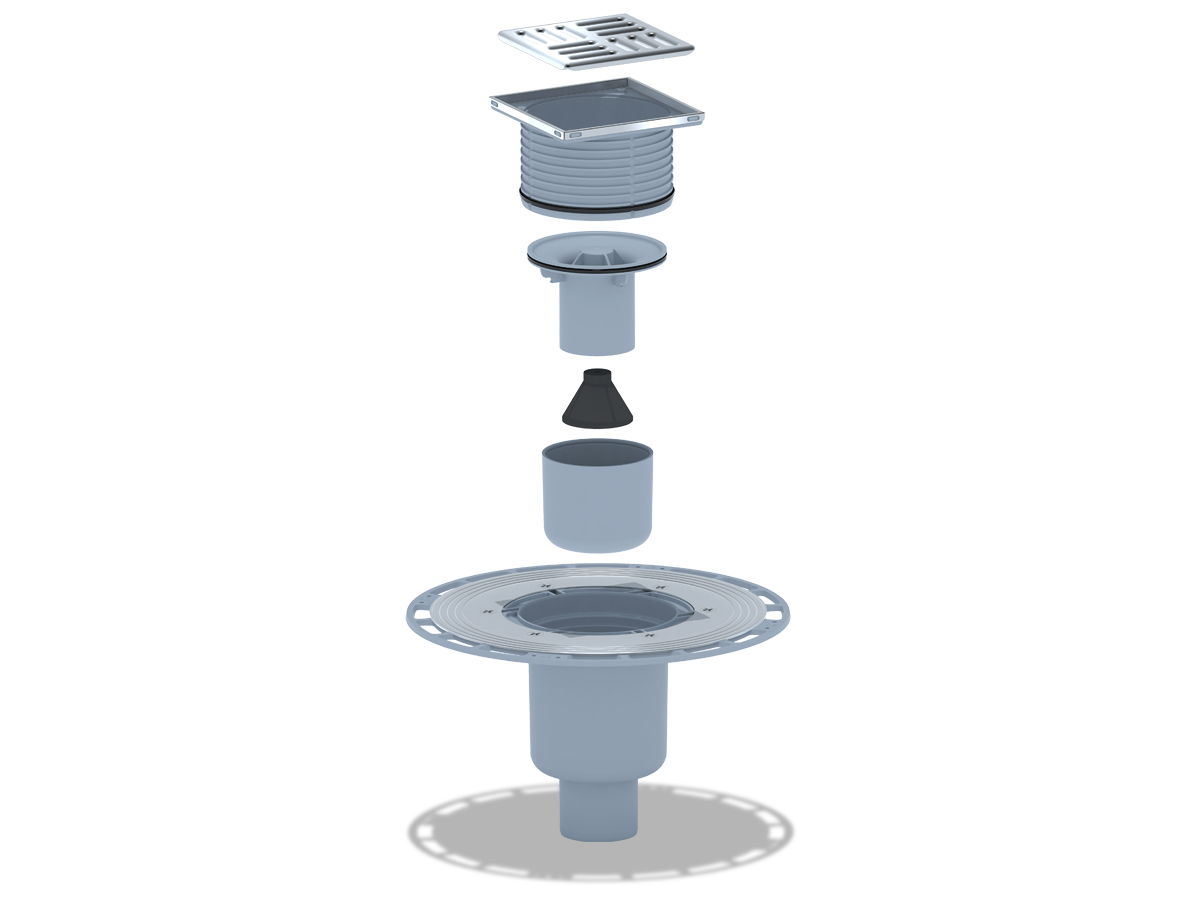 Трап для душа АНИ Пласт THZ5702 DN50 высокий вертикальный регулируемый с комбинированным затвором и решёткой из нержавеющей стали 100х100 мм