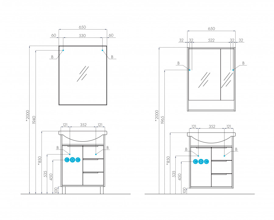 Зеркальный шкаф РИКО 65, белый, ясень фабрик