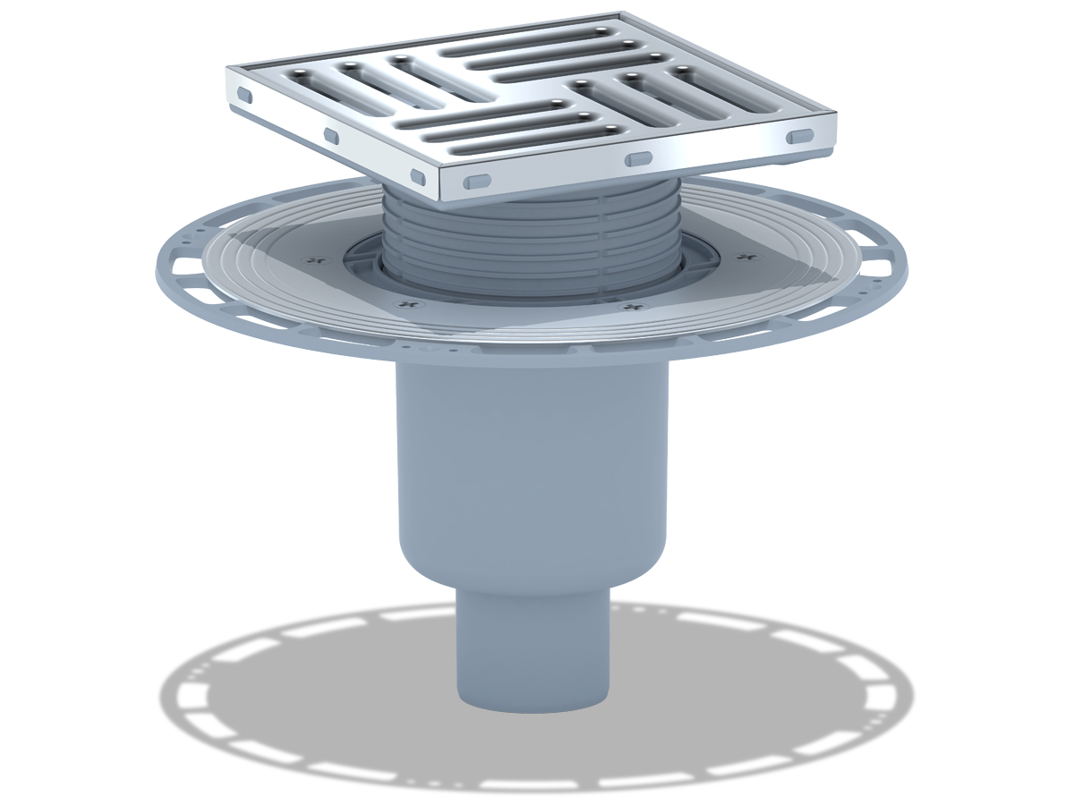 Трап для душа АНИ Пласт THQ5712 DN50 вертикальный регулируемый с сухим затвором и решёткой из нержавеющей стали 150х150 мм