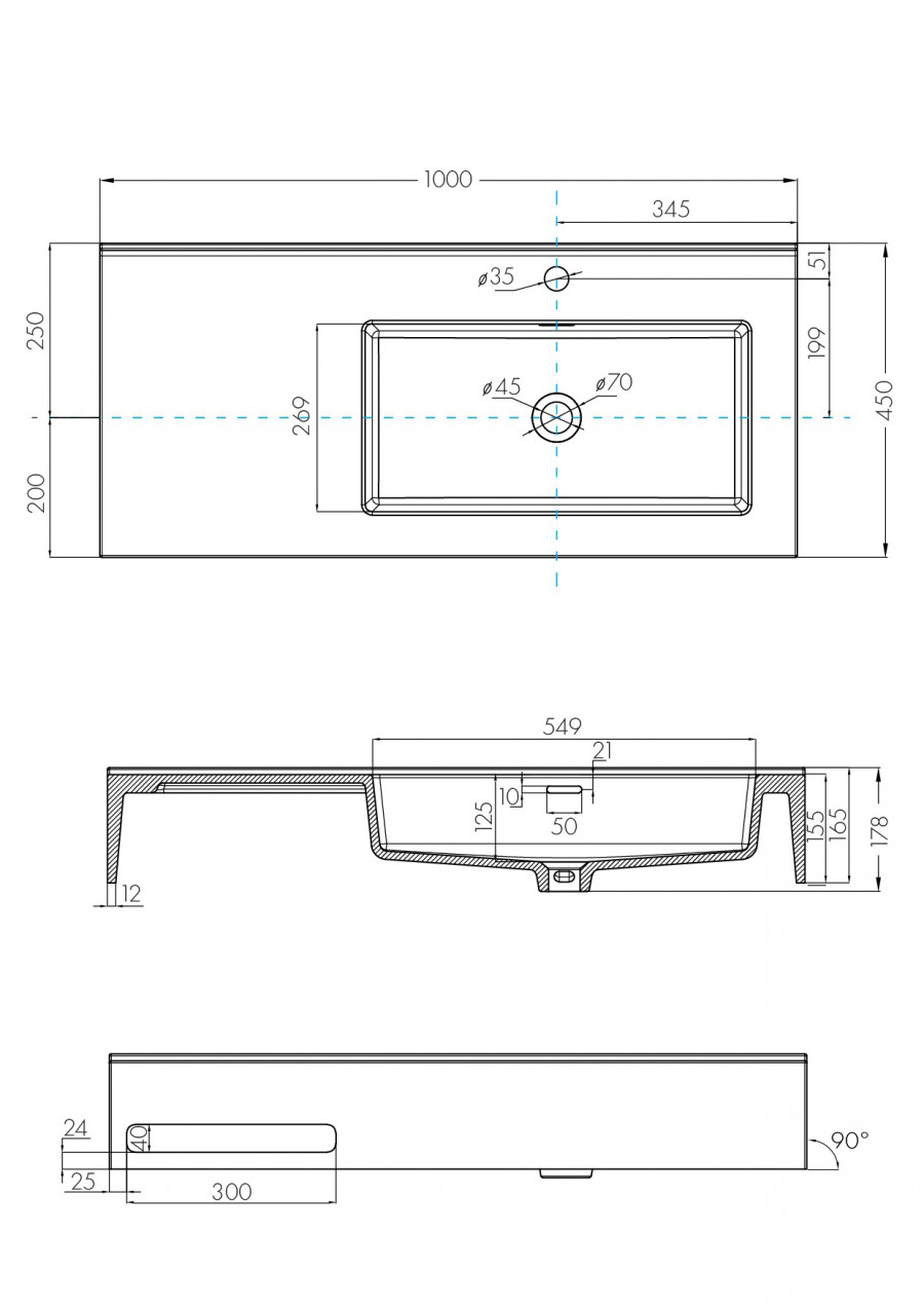 Раковина КВАДРО Про 100, правая