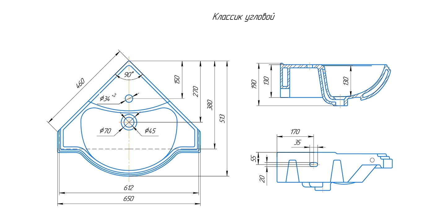 Раковина KIROVIT Классик 650 мебельная угловая белый (Вн Крв31) 4640021063071