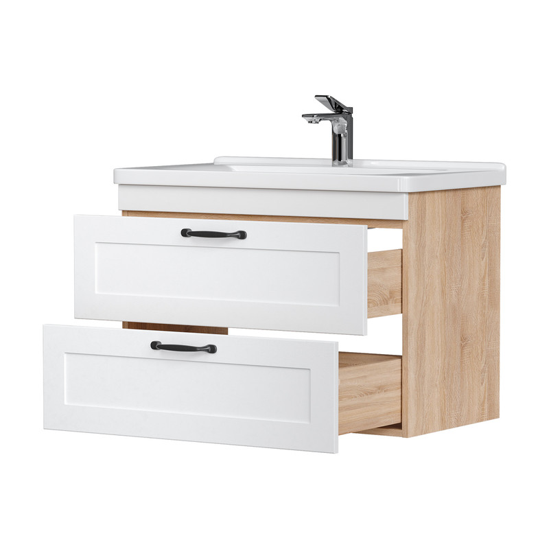 Тумба EQUIL Lago 80 подвесная 2 ящ. белый/дерево (под раковину Миранда 80)