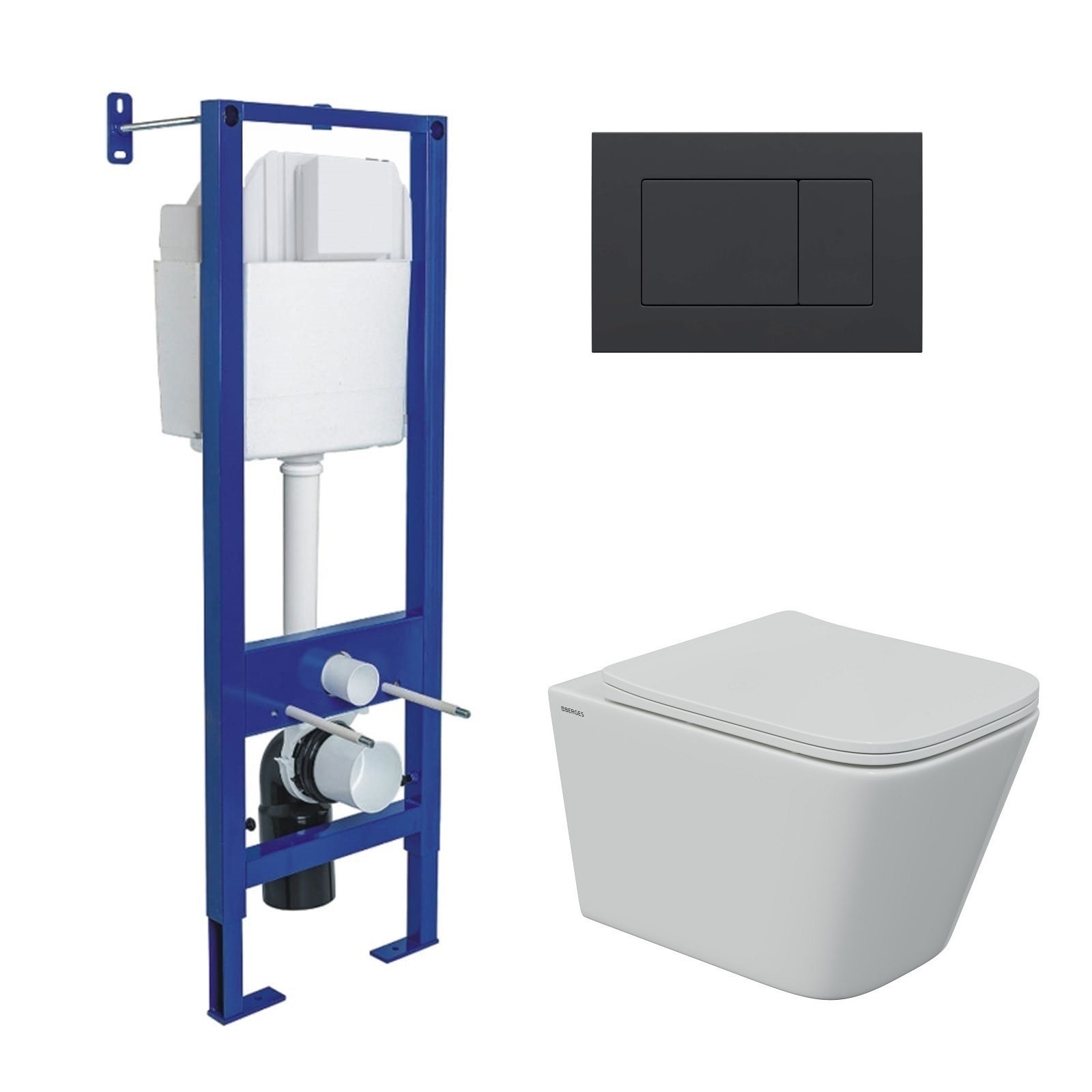 Комплект: инсталляция АТОМ кнопка черная Soft Touch, унитаз FLOE S Rimless 51 см, сидение дюропласт 