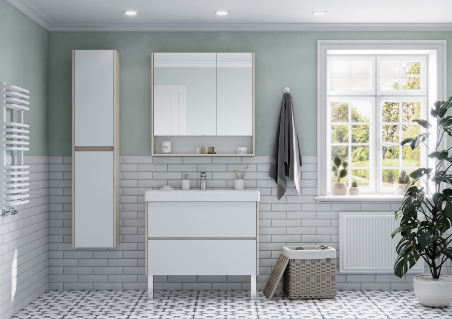 Зеркальный шкаф СКАНДИ 90, белый, дуб верона