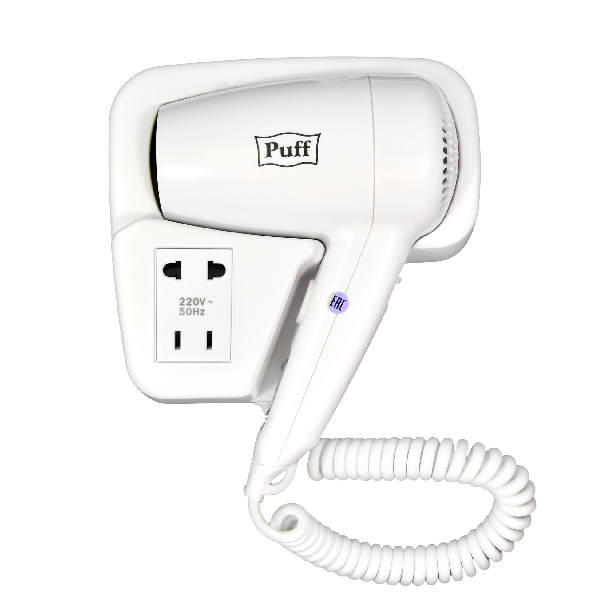 Фен для волос настенный PUFF-1200B белый, с розеткой, 1,2 кВт (1405.002)