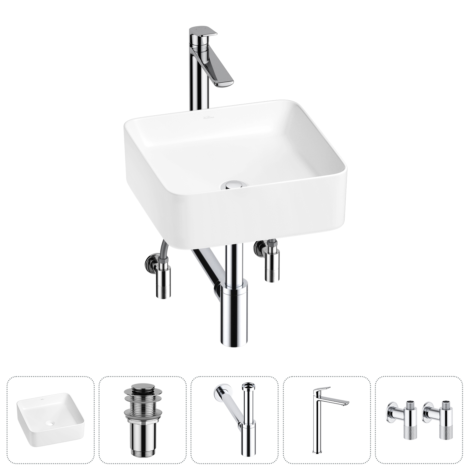 Накладная раковина для ванной комнаты Wellsee Mint 20212461R в наборе 5 в 1: раковина белый глянец, 