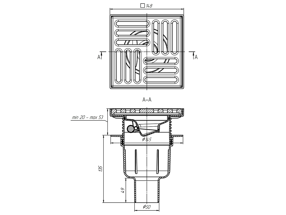 Трап для душа АНИ Пласт TQ5716 DN50 вертикальный регулируемый с сухим затвором и решёткой из чугуна 150х150 мм