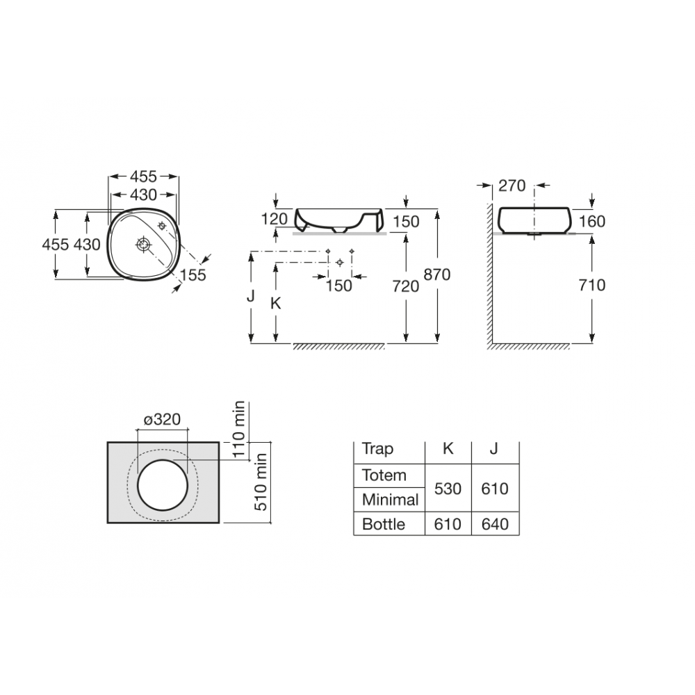 Beyond раковина полувстраеваемая 430х430 Onix, ROCA