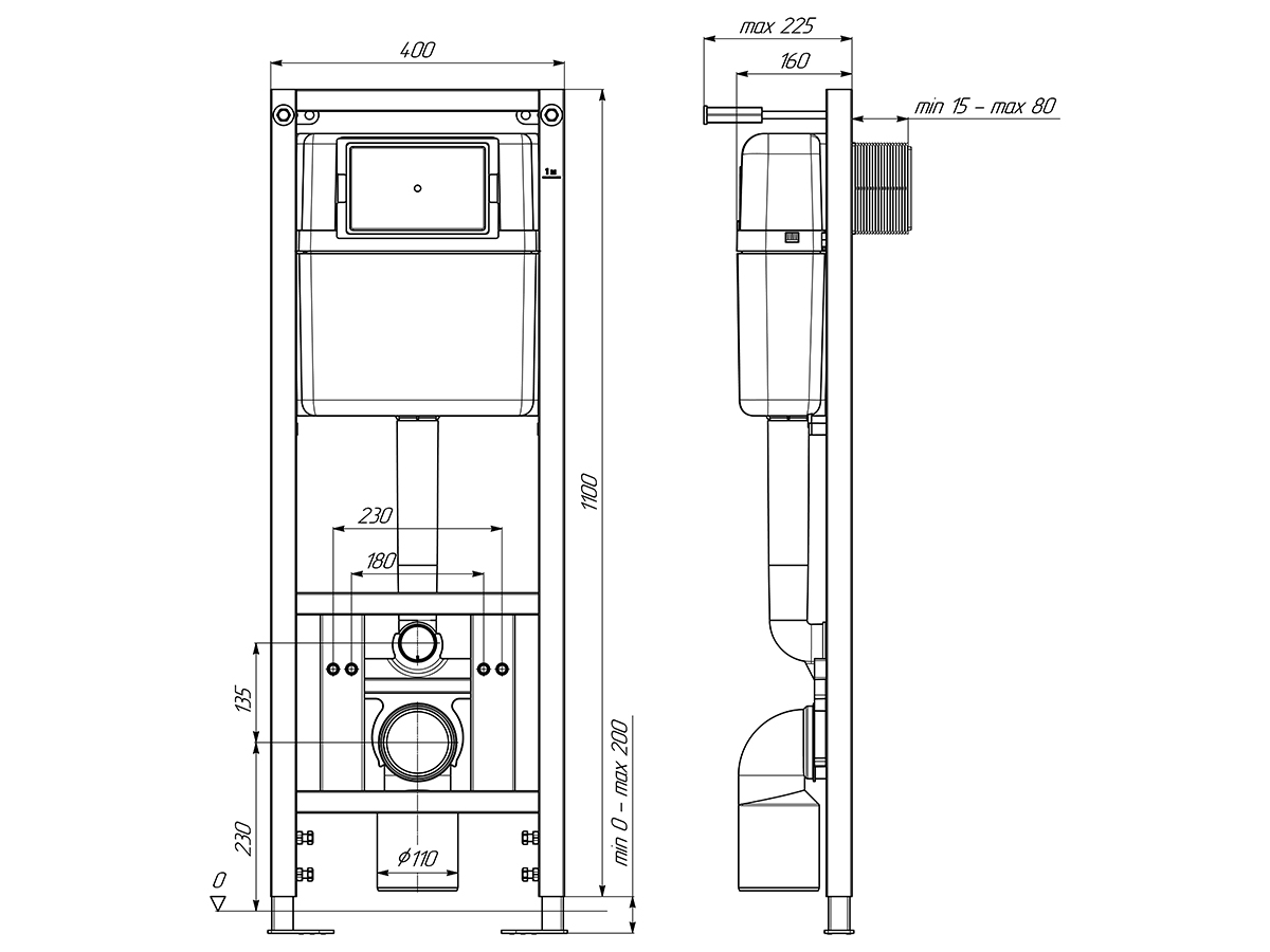 Инсталляция для унитаза 40 см АНИ Пласт WCP4143 1300х400х225 мм с прямоугольной черной матовой клавишей