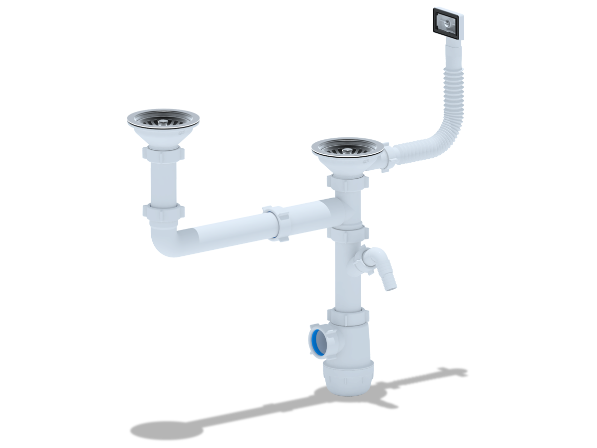 Сифон для мойки АНИ Пласт Грот A7700S 3 1/2 дюйма 40 двойной разноуровневый с гибким переливом и отводом для стиральной машины
