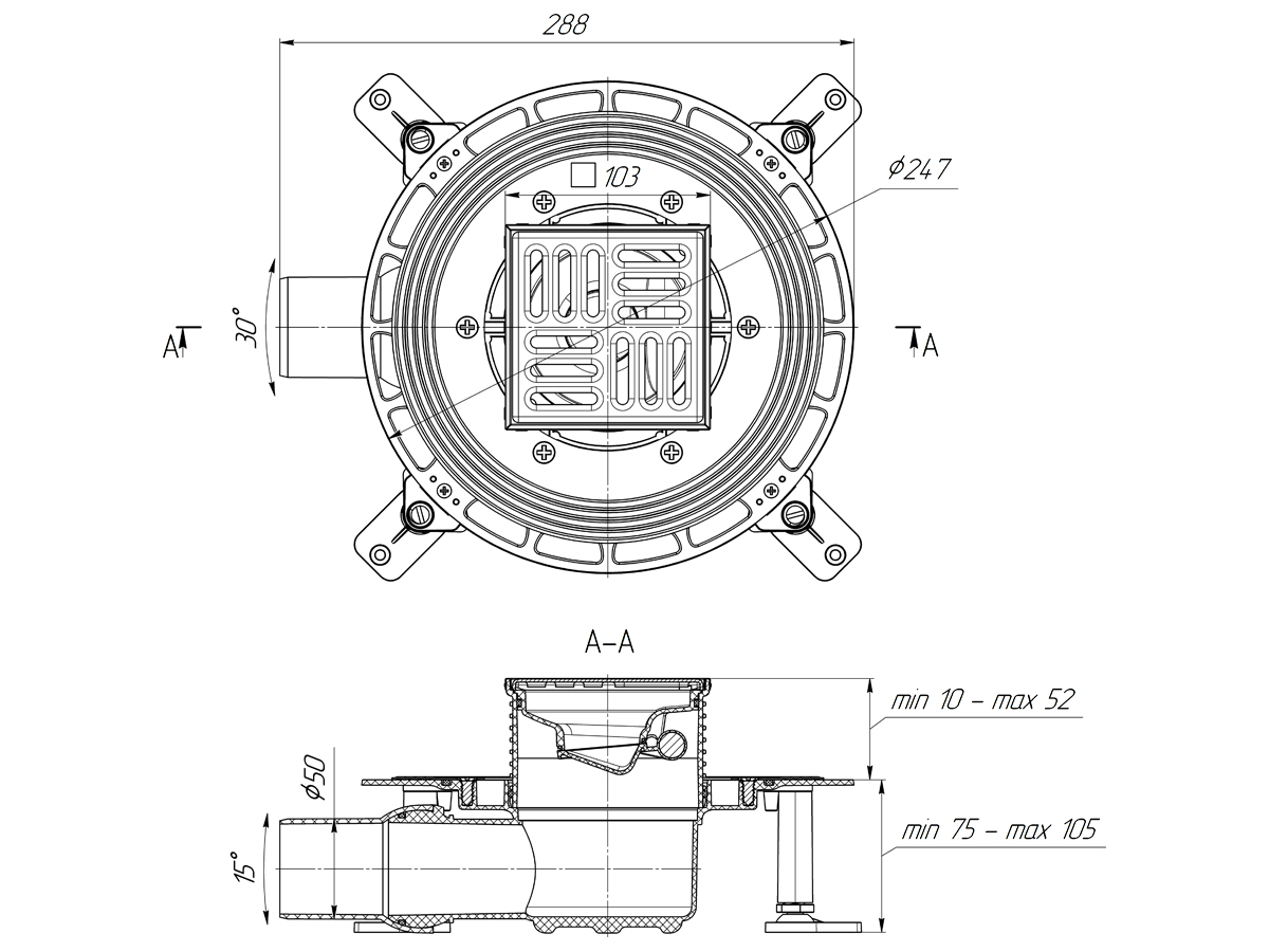 Трап для душа АНИ Пласт TVQ5602 DN50 горизонтальный регулируемый с сухим затвором и решёткой из нержавеющей стали 100х100 мм