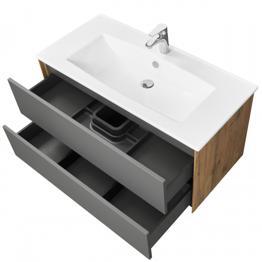 Тумба СОХО 100, дуб веллингтон, графит софт (под раковину ЭЛИНА 100)