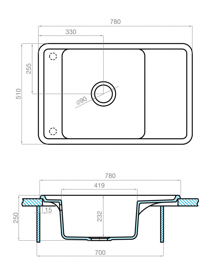 Мойка для кухни  Беллис 78 780x510x250 мм, прямоуг., серый шелк
