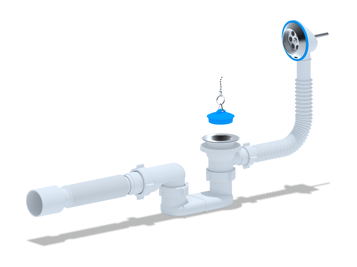 Сифон для ванны АНИ Пласт E055 1 1/2 дюйма плоский с переливом и гибкой трубой 40х50