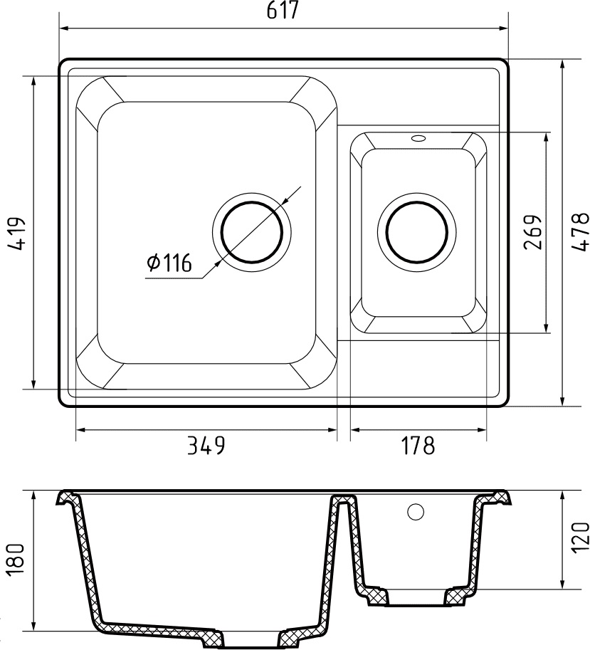 GranFest QUARZ (ECO-09) Мойка 1.5-чаш. 620*480 (песок)