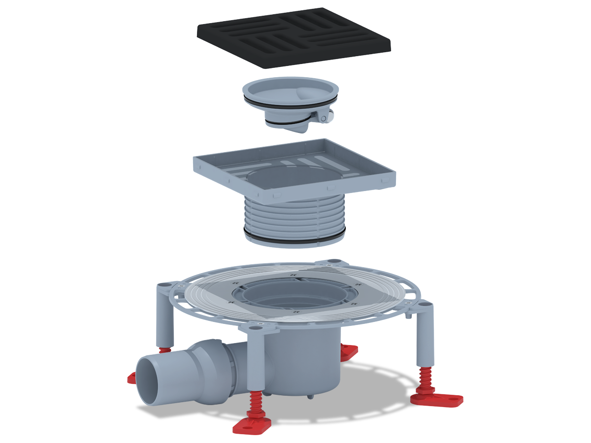 Трап для душа АНИ Пласт THQ5616 DN50 горизонтальный регулируемый с сухим затвором и решёткой из чугуна 150х150 мм