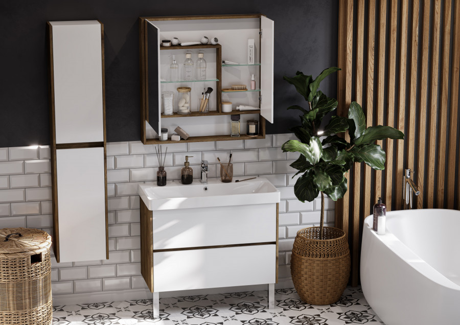 Зеркальный шкаф СКАНДИ 90, белый, дуб рустикальный