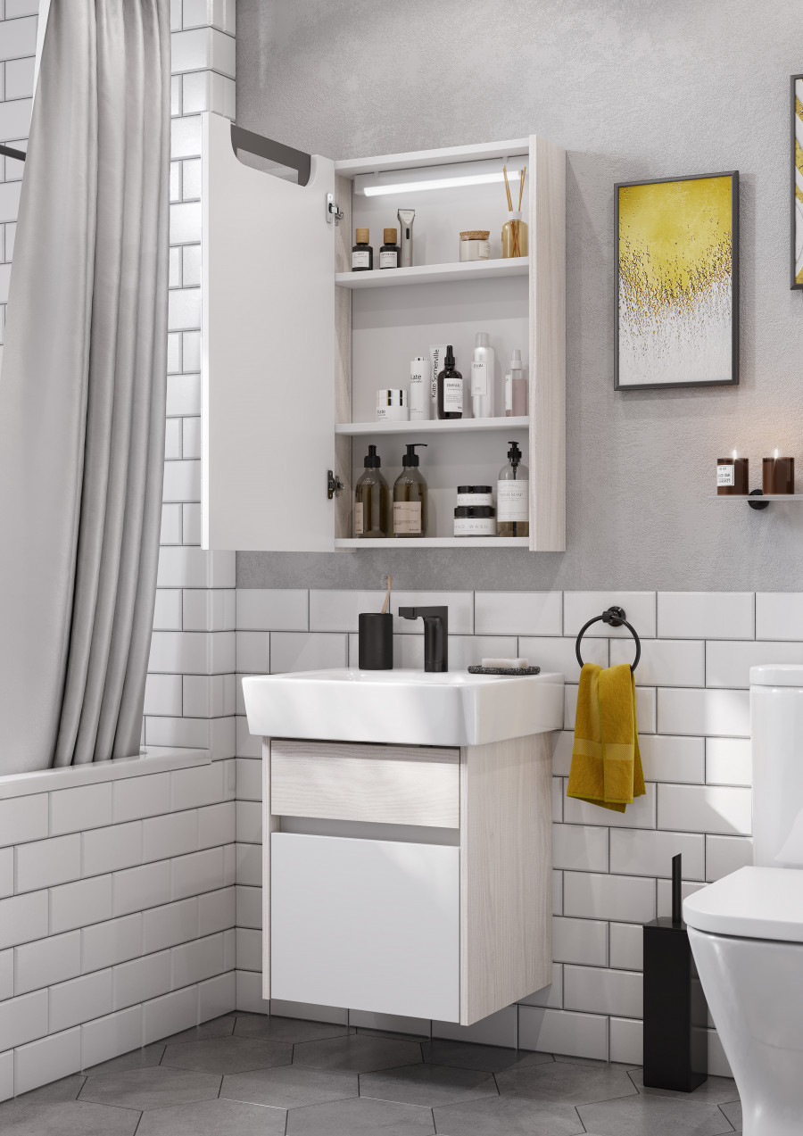 Зеркальный шкаф ВЕРДИ 50, белый, ясень фабрик