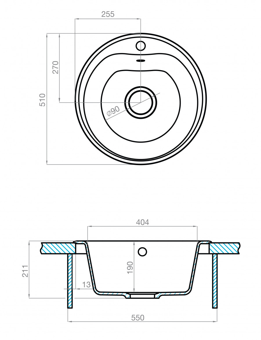 Мойка для кухни  Мида 510x510x210 мм,круглая, серый шелк