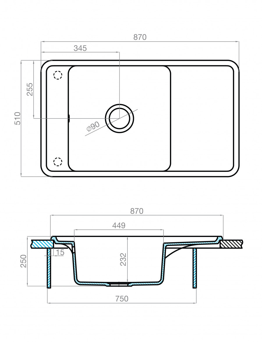 Мойка для кухни  Беллис 87 870x510x250 мм, прямоуг., песочный