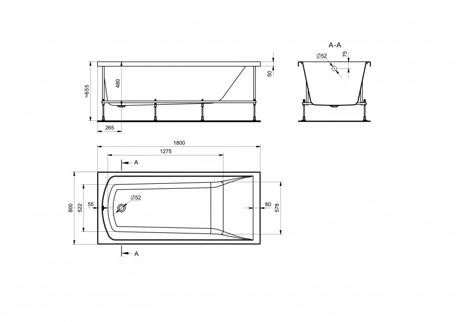 ФИДЖИ Ванна акриловая 180х80 см., без монтажного комплекта, САНТЕК