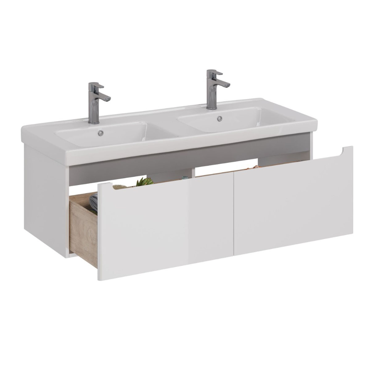 Тумба Lemark BUNO MINI 125 см под 2 раковины, подвесная, 2 ящика, цвет планки: Серый, цвет корпуса, 