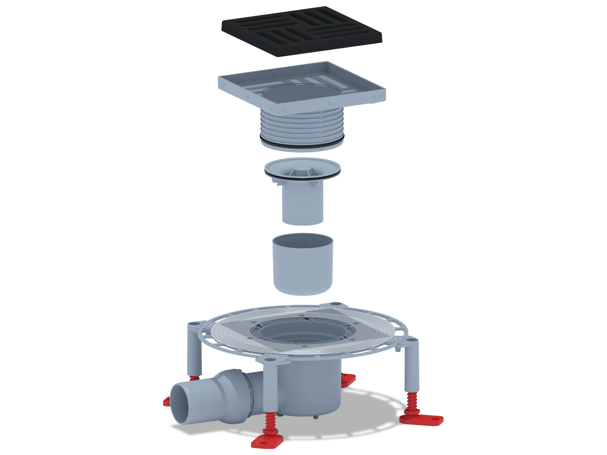 Трап горизонтальный регулируемый АНИ Пласт THA5616 выпуск 50 мм с решеткой из чугуна 150х150 мм