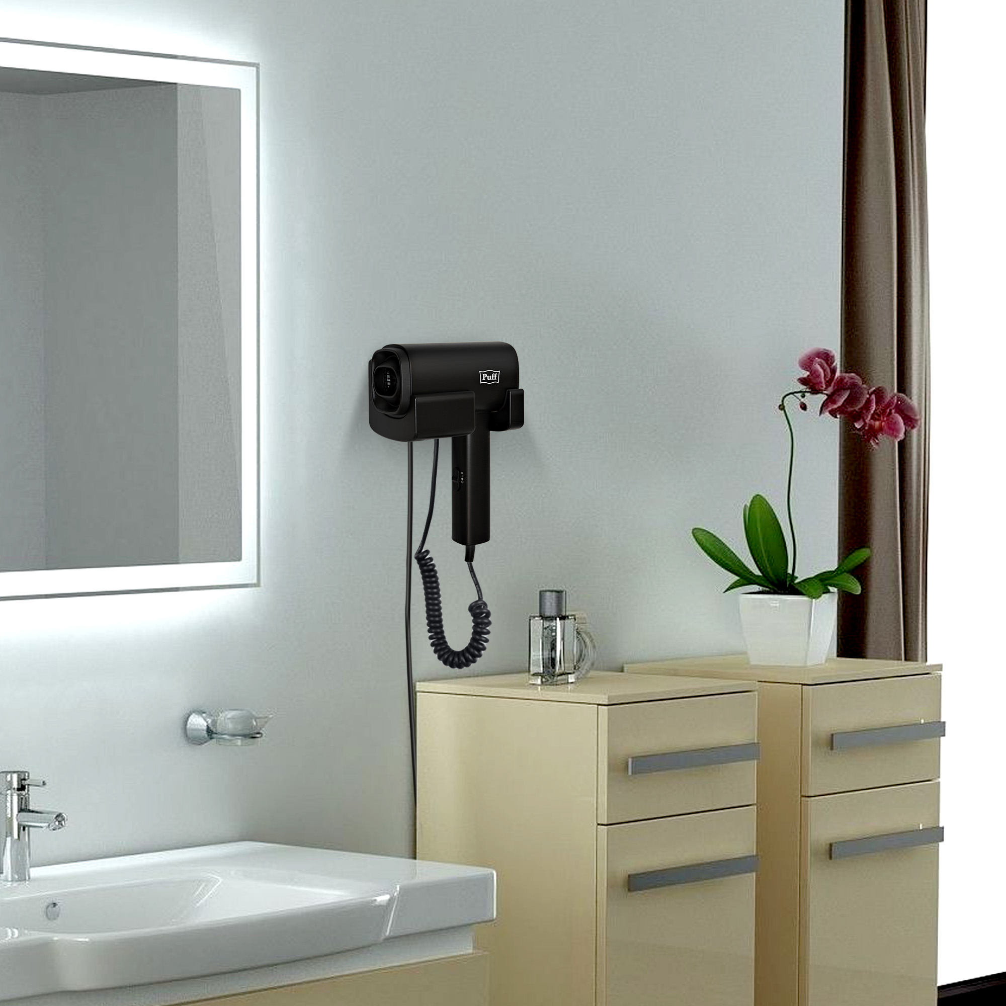 Фен для волос настенный PUFF-1601Вl черный матовый, 1,6 кВт (1405.012)