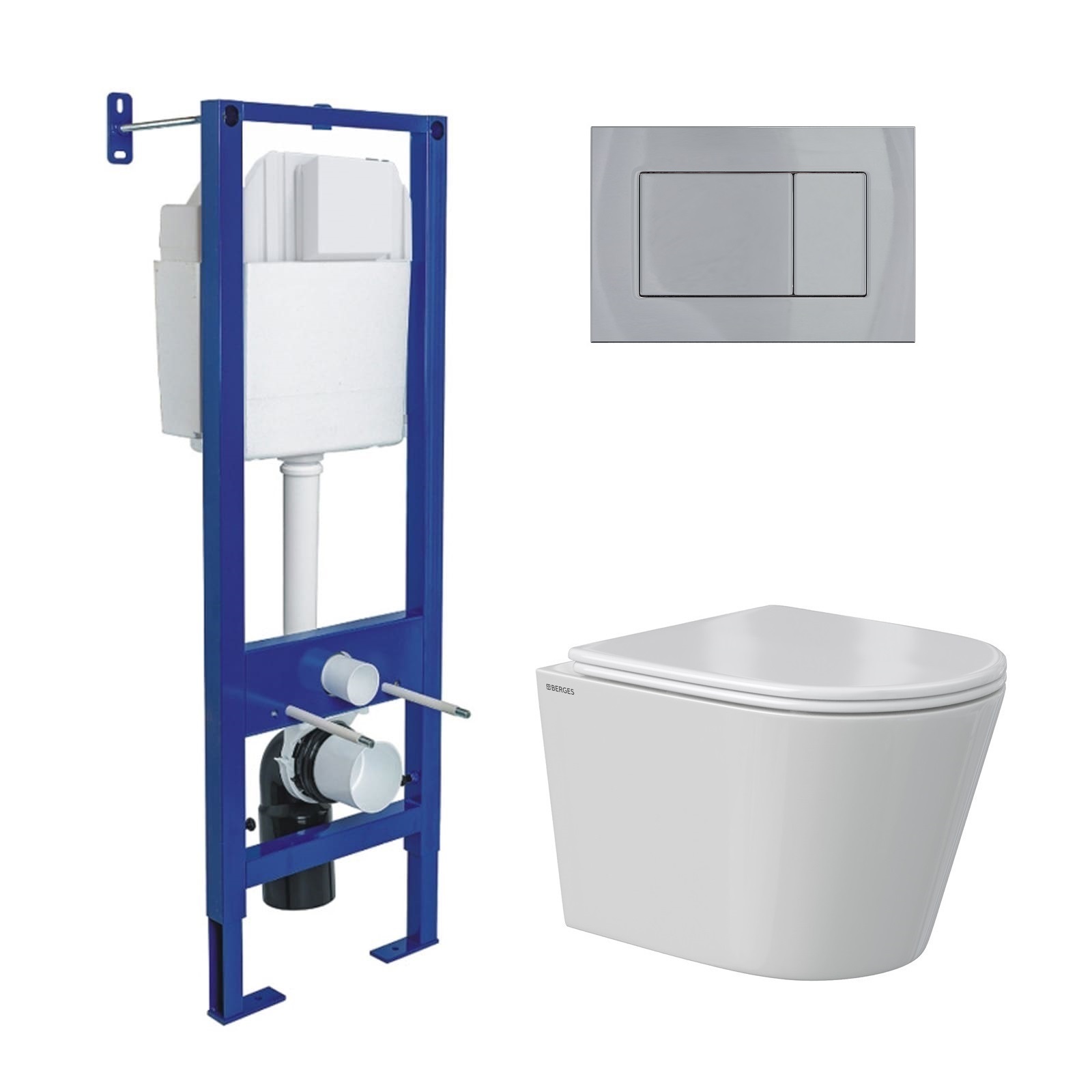 Комплект: инсталляция АТОМ кнопка хром глянец, унитаз VITA Rimless 49 см, сиденье дюропласт микролиф