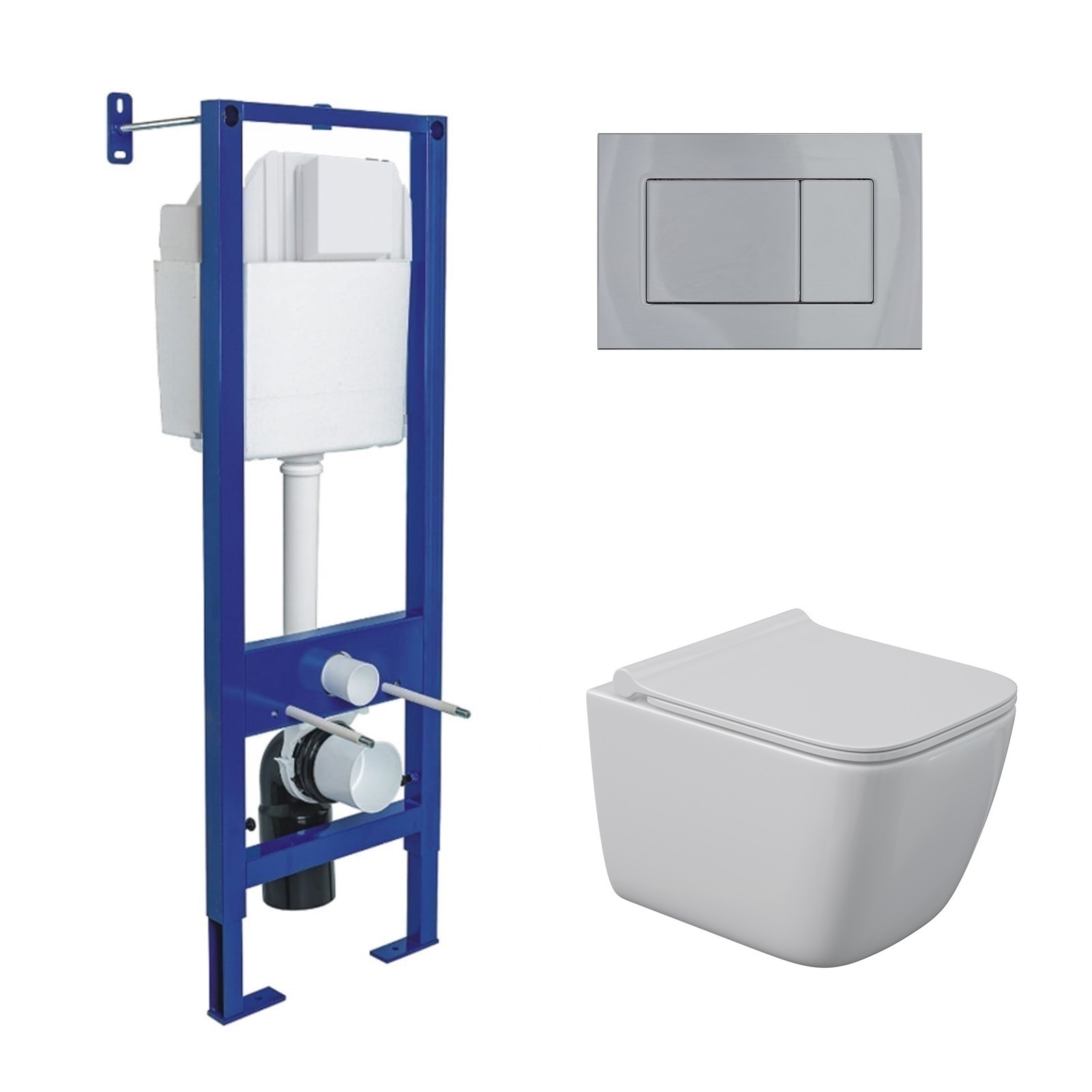 Комплект: инсталляция АТОМ кнопка хром глянец, унитаз QUATTRO S Rimless 49 см, сидение дюропласт мик