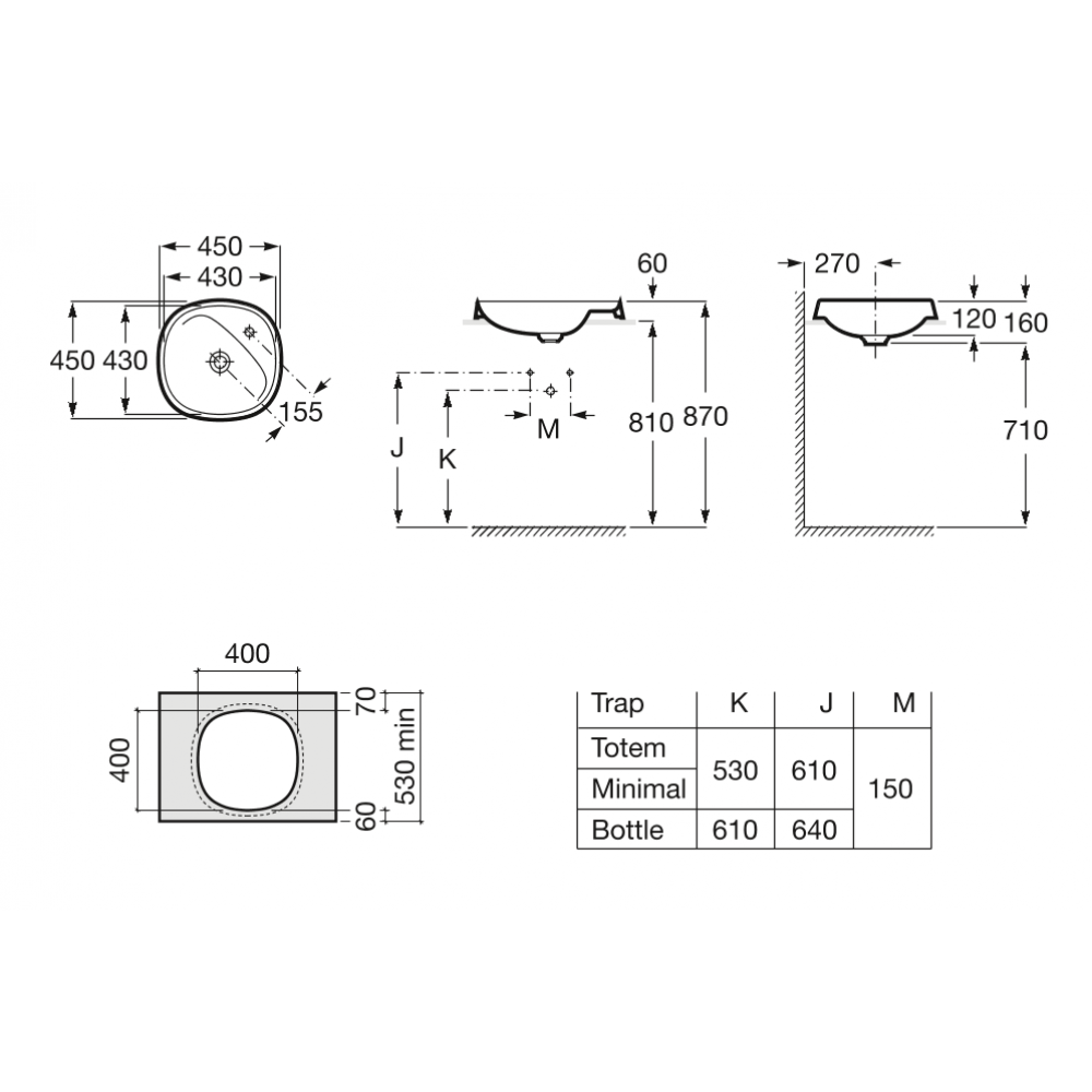Beyond раковина полувстраиваемая 430х430, ROCA