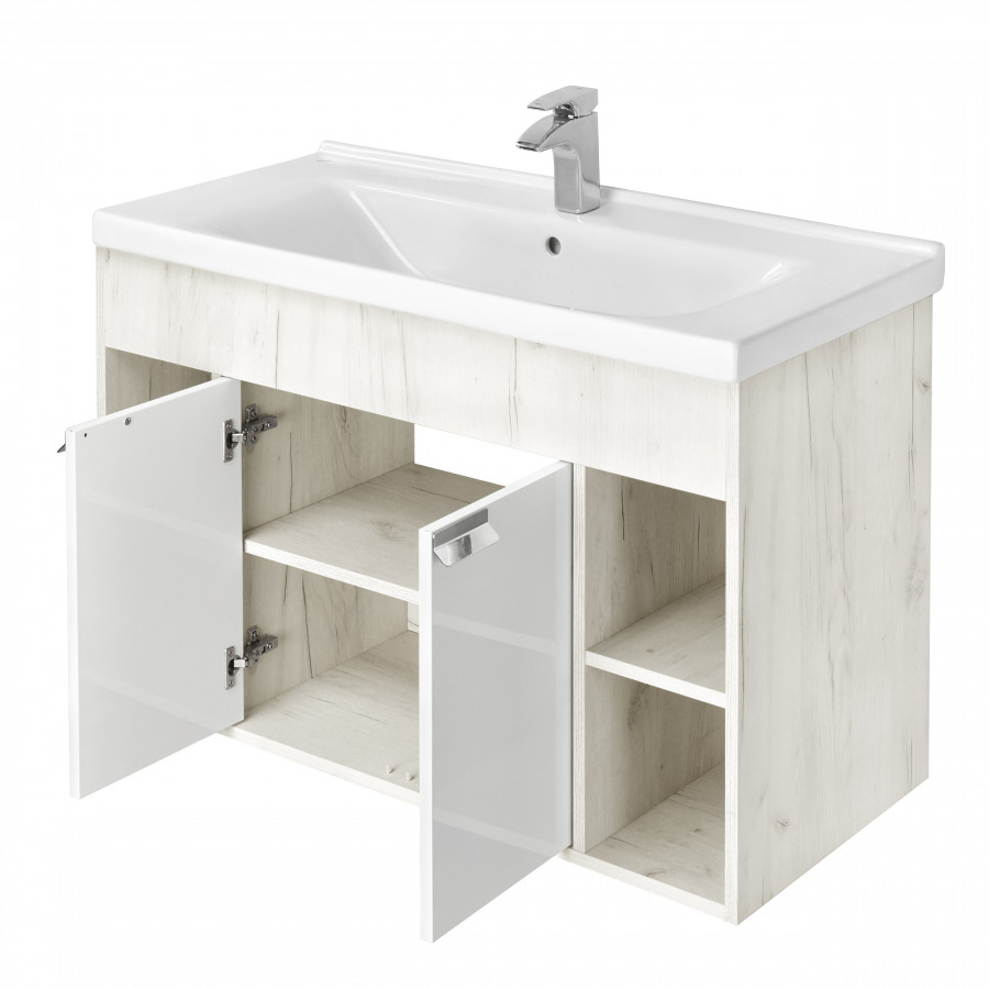 Тумба ФЛАЙ 100, белая, дуб крафт (под раковину МИРАНДА 100)