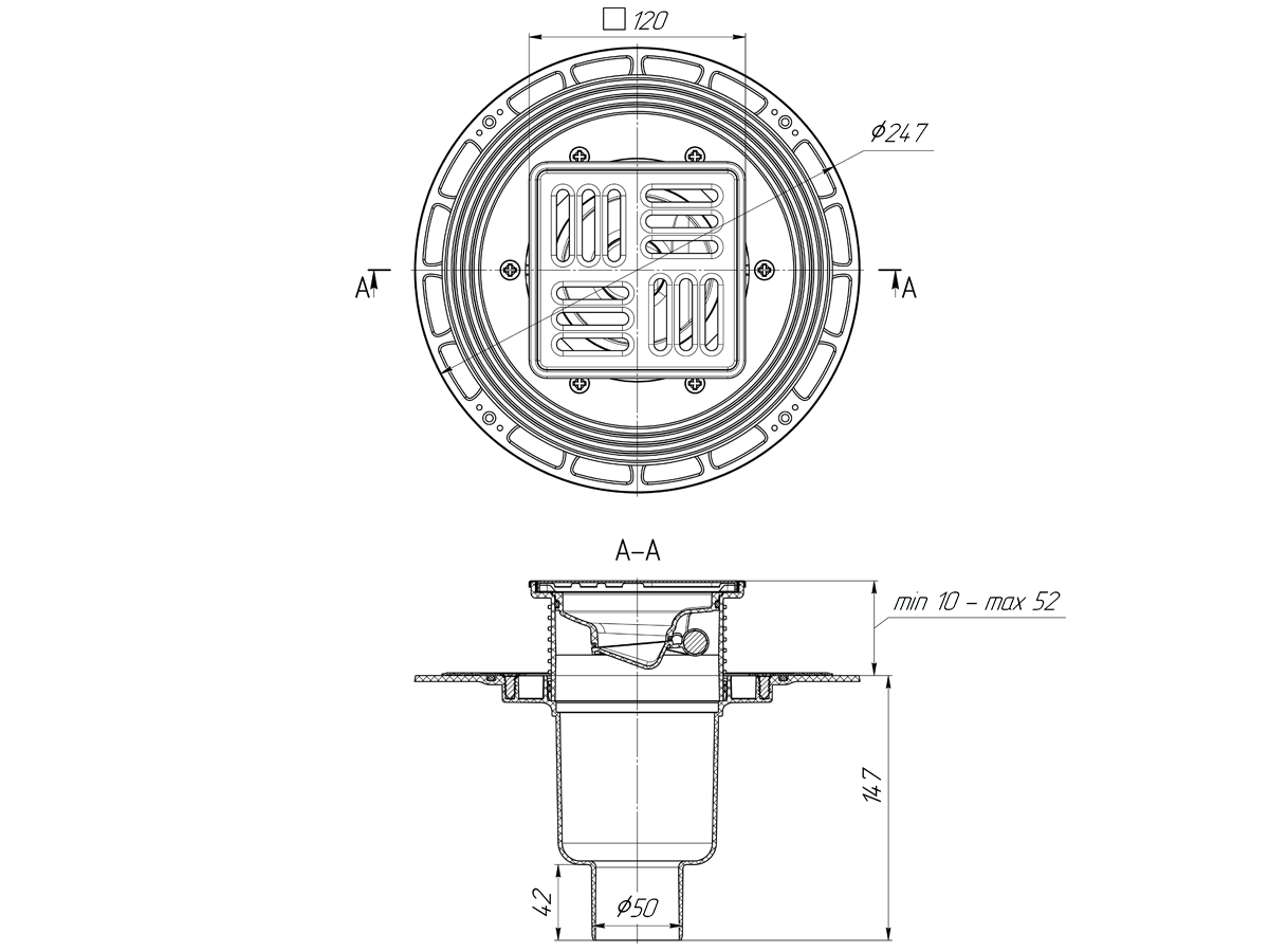 Трап для душа АНИ Пласт THQ5714M DN50 вертикальный регулируемый с сухим затвором, решёткой и обрешёткой из нержавеющей стали 120х120 мм