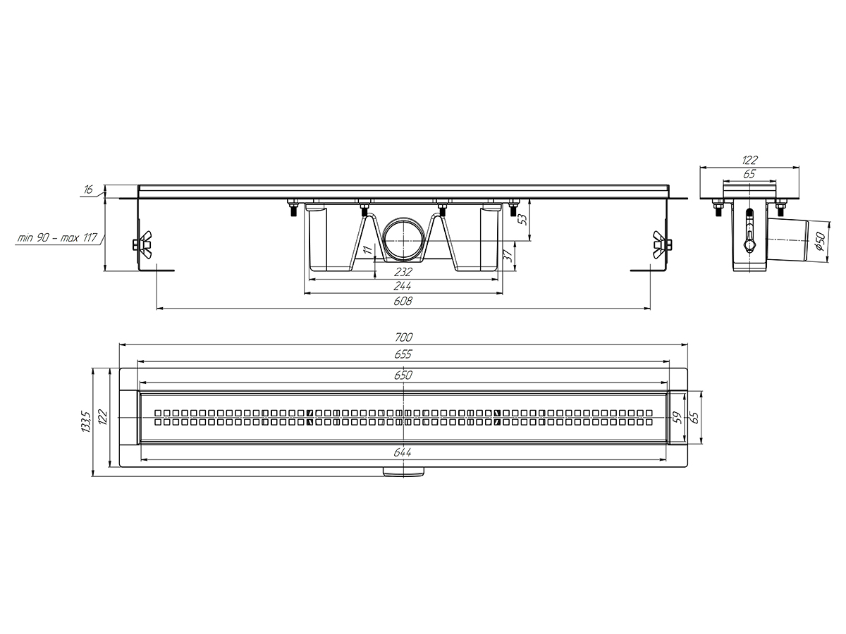 Трап линейный из нержавеющей стали АНИ Пласт TL2265G выпуск 50 мм решётка Риф глянцевая 650 мм