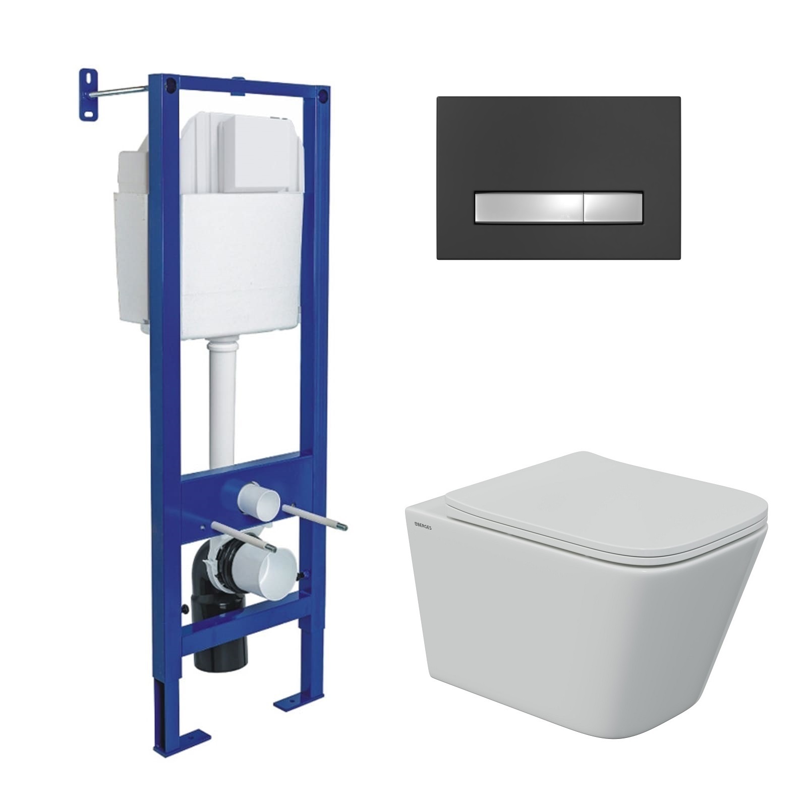 Комплект: инсталляция АТОМ Line черная/хром, унитаз FLOE S Rimless 51 см, сидение дюропласт Floe S S