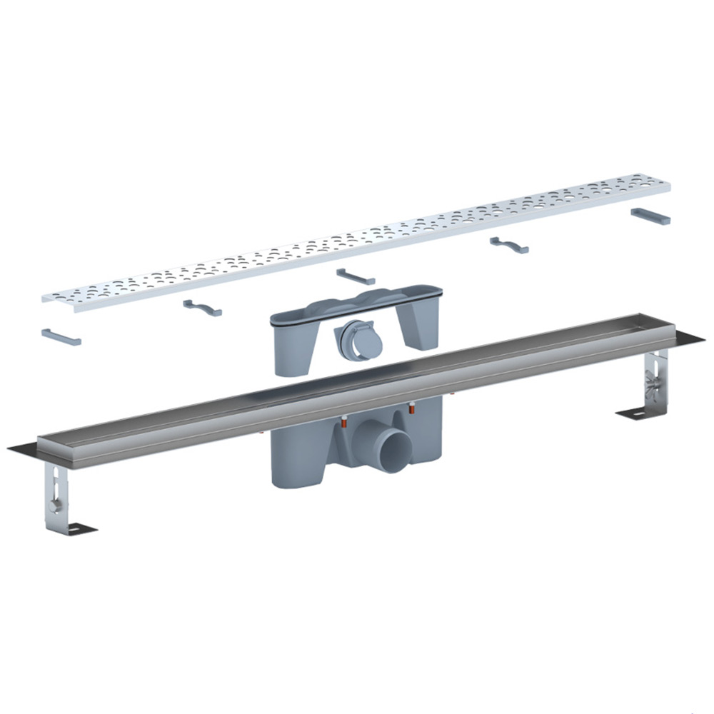 Трап линейный из нержавеющей стали АНИ Пласт TLZ2385G DN50 с комбинированным затвором глянцевой решёткой Бриз 850х65 мм