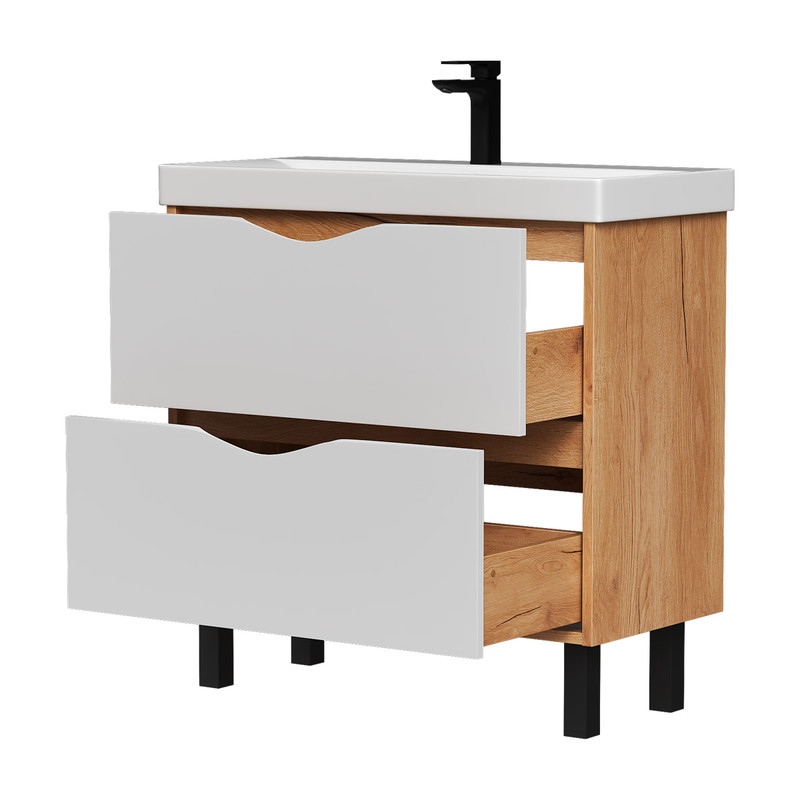 Тумба Barney 80, напольная, 2 ящ., белый/дуб гузон (под раковину 9696-80), VOLNA