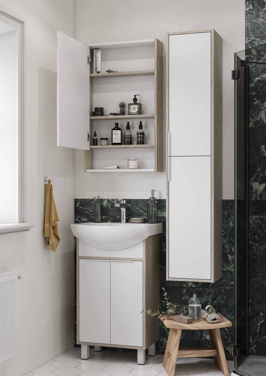 Зеркальный шкаф РИКО 50, белый, ясень фабрик